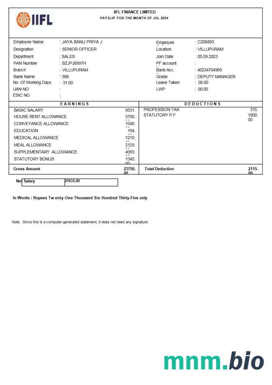 Szablon odcinka wypłaty IIFL Finance w formatach Word i PDF